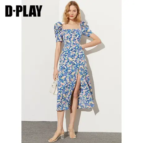 DPLAY夏法式复古仲夏夜之梦开衩新中式蓝色印花裙沙滩裙图片