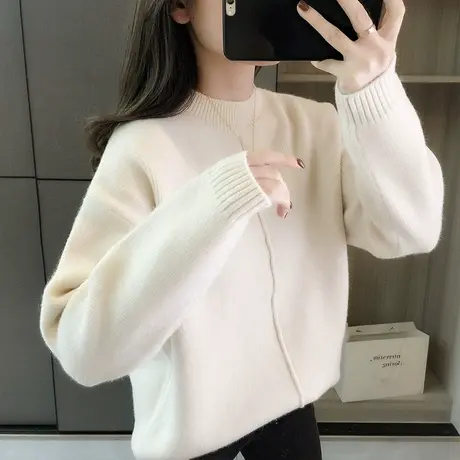 半高领针织衫女士秋冬季加厚打底衫宽松套头毛衣女装纯色简约上衣图片