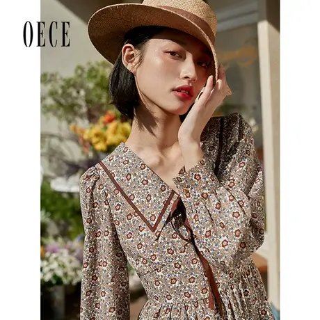 【买1送1】Oece复古碎花连衣裙秋女赫本风撞色长袖裙子图片