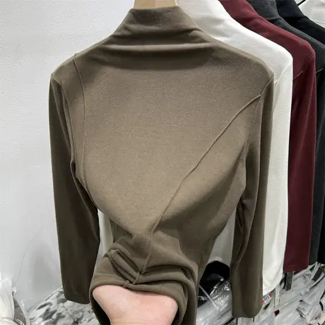 设计感半高领软糯磨毛长袖T恤女2023秋冬新款加厚内搭打底衫上衣商品大图