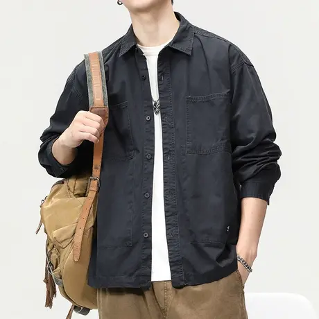 美式翻领潮流衬衫长袖男士百搭装衬衫外套纯棉休闲百搭外套男装图片