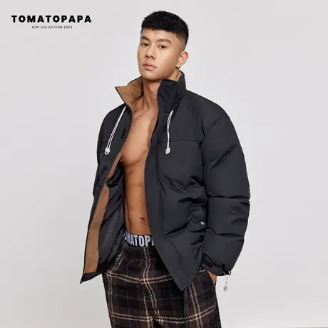 TOMATOPAPA冬季柔软棉服立领撞色抽绳防风领保暖外套简约时尚上衣图片