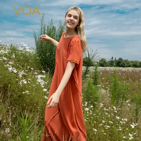 VOA60姆米长空桑蚕丝深橙色圆领两件套不对称设计短袖真丝连衣裙图片