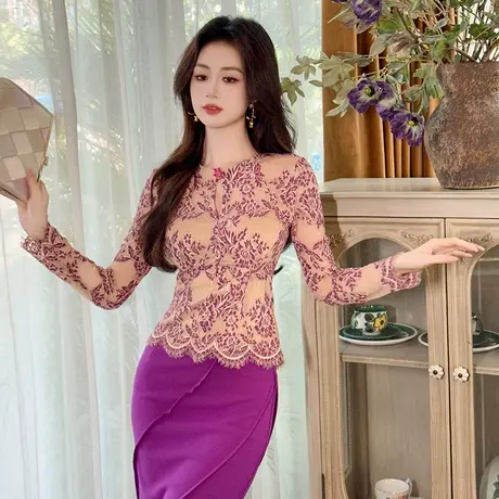 绝美漂亮高级感欧货蕾丝衫2025新款收腰显瘦内搭打底长袖上衣女装商品大图