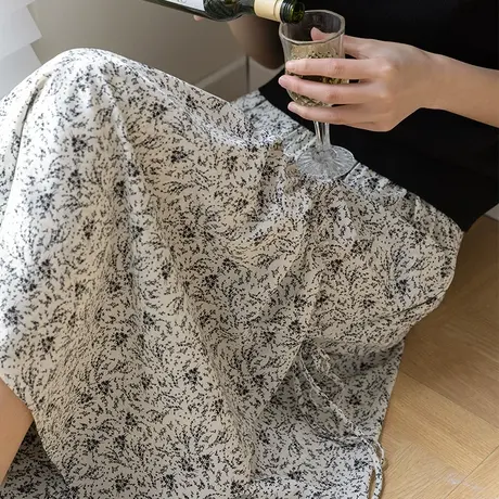 omont蛋挞家 复古装饰系带松紧腰显瘦a字半身裙女夏季新款碎花裙图片