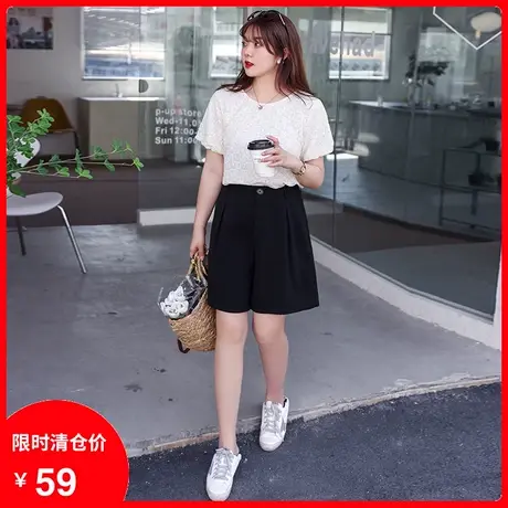 绮娑大码女装休闲黑色短裤2022年夏季新款胖MM显瘦宽松百搭直筒裤图片