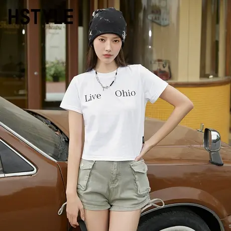 韩都衣舍简约百搭T恤2024年夏季新款女装短款圆领休闲短袖商品大图