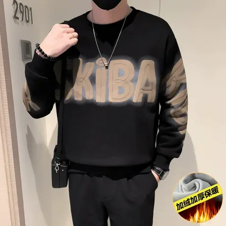美式休闲字母印花加绒卫衣男冬季2023新款重磅加厚保暖内搭t恤衫商品大图
