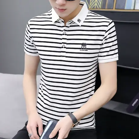 条纹短袖t恤男新款夏季纯棉半袖T恤男士网红抖音翻领polo衫男潮流商品大图