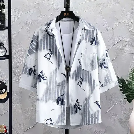 短袖衬衫男夏季条纹纯棉五分袖衬衣男士休闲宽松中袖潮流寸衫外套商品大图