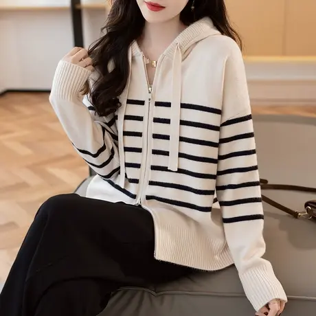 2023秋冬新款韩版宽松女士毛衣针织衫卫衣打底衫连帽套头长袖条纹商品大图