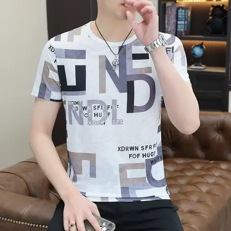 男士冰丝短袖t恤夏季2023新款潮流痞帅男装半袖T潮牌时尚镂空体恤商品大图