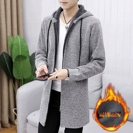 粗线针织开衫男士连帽一体加绒加厚款冬季潮流中长款毛衣外套线衣商品大图