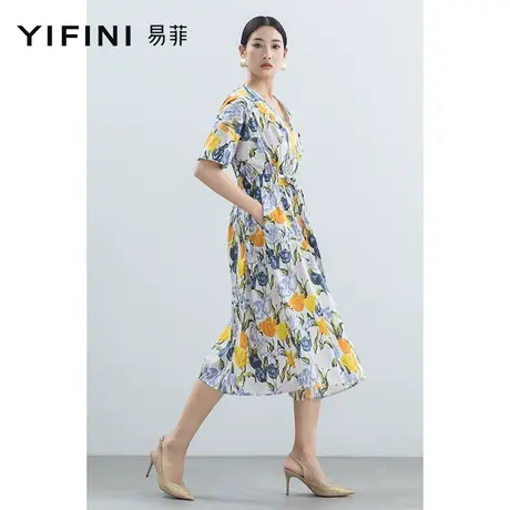 Yifini/易菲法式V领短袖衬衫女夏季新款印花茶歇裙气质连衣裙图片