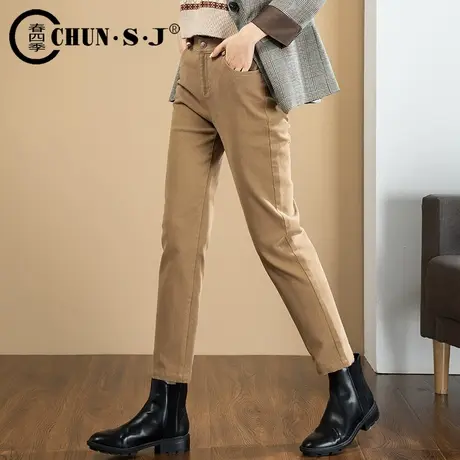 休闲直筒裤女秋冬2023新款卡其色裤子烟管裤咖色长裤显瘦加绒女裤商品大图
