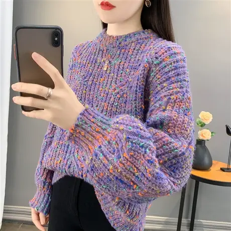 花纱圆领粗针毛衣女内搭短款2023秋冬慵懒宽松外穿洋气针织衫上衣图片