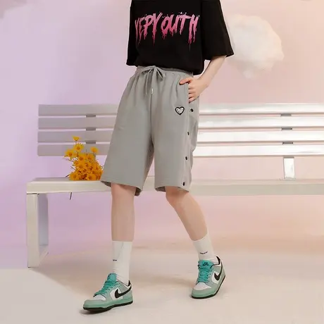 YEP灰色运动裤女春秋薄款高街侧排扣卫裤宽松高腰直筒休闲五分裤商品大图