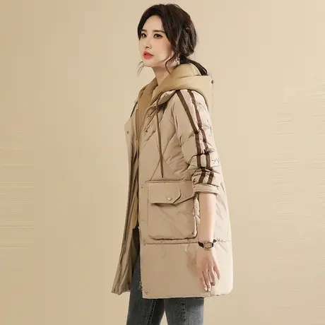 【秋冬上新8.5折】中长款假两件连帽棉服女时尚休闲棉衣外套图片