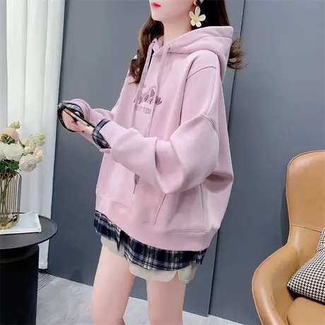 假两件衬衫拼接加绒连帽卫衣女秋冬2023年新款宽松洋气设计感上衣商品大图
