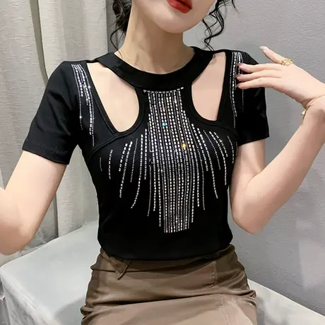 欧货性感镂空短袖T恤女装2024新款洋气烫钻小衫紧身百搭上衣半袖商品大图