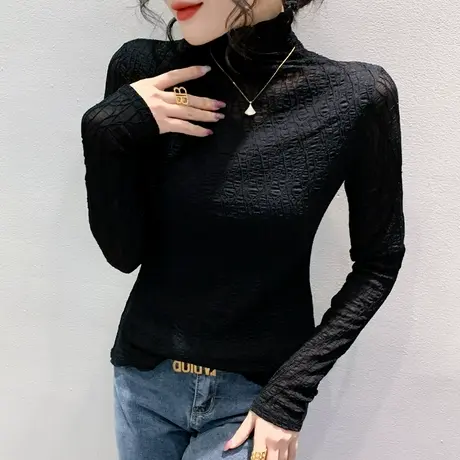 欧货高领蕾丝打底衫女春秋洋气性感镂空上衣简约内搭显瘦长袖T恤商品大图