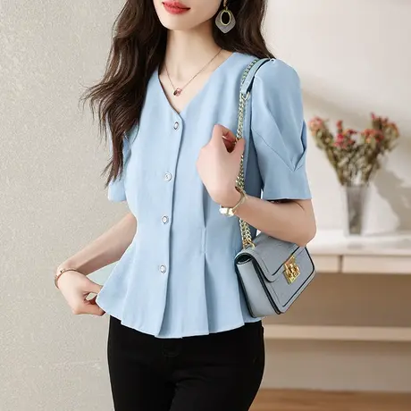 气质短袖V领衬衫女2023年夏季新款别致时尚高档衬衣女设计感小衫商品大图