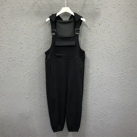 欧货春秋新款黑色连体卫裤女高腰宽松显瘦休闲九分连帽束脚背带裤图片