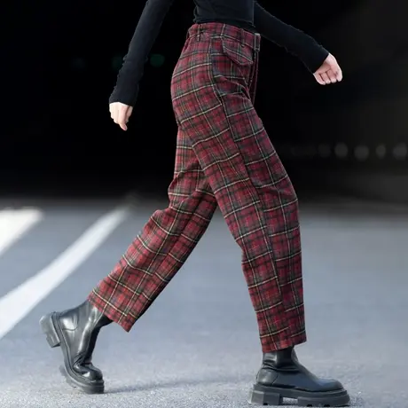 格子裤女哈伦裤2025新款春秋季小个子九分休闲裤子女裤羊毛毛呢裤商品大图