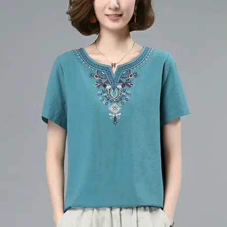 中年妈妈短袖t恤女夏季新款加肥加大码女装宽松纯棉刺绣显瘦体恤商品大图