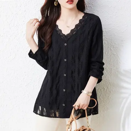 蕾丝打底衫女春秋季宽松加大码女装中年妈妈洋气v领长袖雪纺上衣商品大图