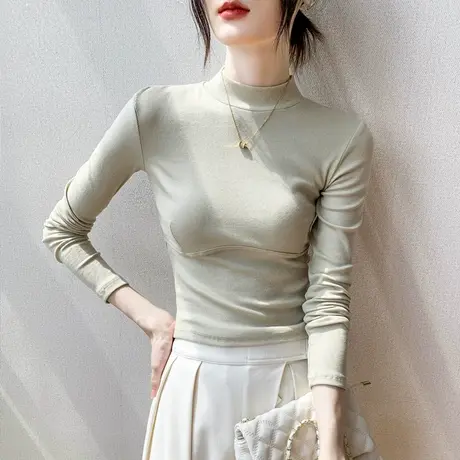 半高领打底衫女长袖2025春季新款修身显瘦T恤开衫内搭短款上衣图片