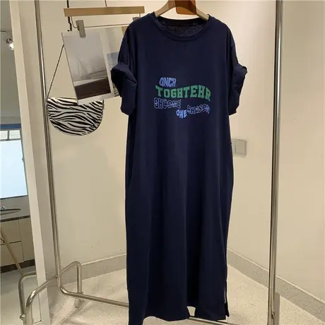 韩国东大门字母印花连衣裙休闲懒人长款过膝开叉T恤短袖女ins潮图片