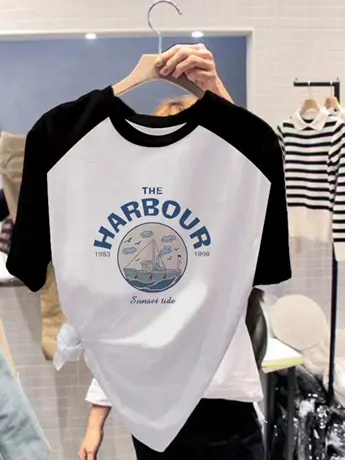 仿棉短袖t恤女2023新款春秋装夏季美式复古港味chic拼接撞色上衣图片