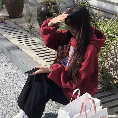 连帽卫衣女秋冬美式复古慵懒港风chic加绒oversize宽松bf大码上衣商品大图