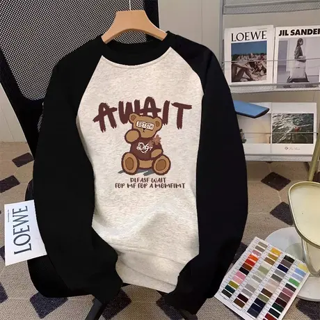 卫衣女设计感小众复古chic插肩袖撞色外套ins潮大码秋冬加绒上衣商品大图