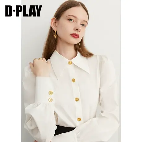 DPLAY秋装新个性设计感时尚白山茶花金属扣泡泡袖翻领衬衫图片