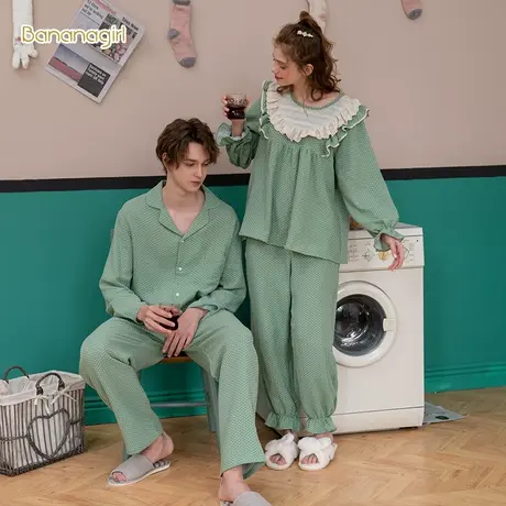 Bananagirl睡衣女春秋韩版清新甜美长袖少女情侣家居服套装波点男商品大图