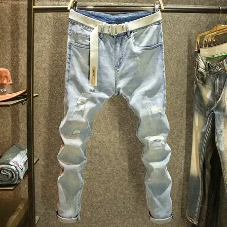夏季浅蓝色破洞牛仔裤男款弹力修身小脚裤潮牌显瘦个性帅气乞丐裤商品大图