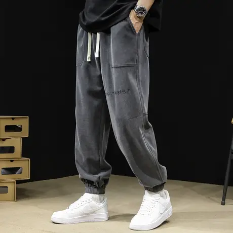 运动裤男士秋冬款宽松大码潮牌水洗裤子休闲束脚重磅卫裤秋季男裤商品大图