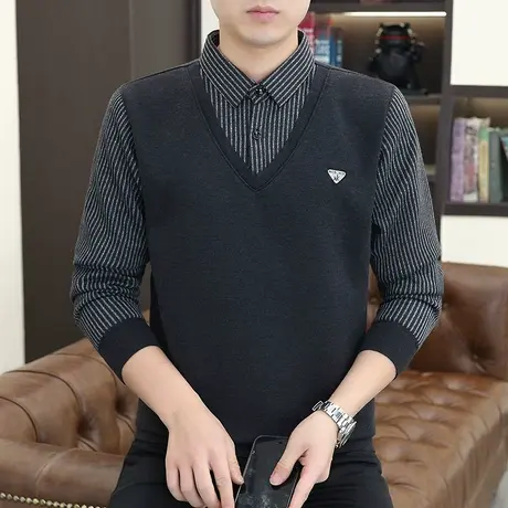 2023秋冬季加厚保暖潮流休闲针织衬衫外套假两件条纹毛衣男士长袖商品大图