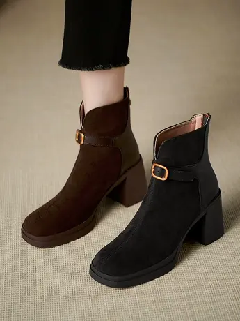 巨舒服时尚厚底粗跟拼接短筒时装靴女秋冬新款后拉链磨砂高跟短靴商品大图