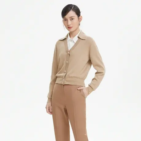 LANCY/朗姿秋季新款翻领V领长袖短款长袖针织开衫通勤外套女奥莱商品大图