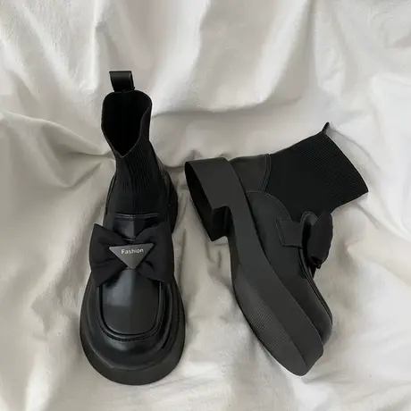 2023年新款秋季厚底超火马丁靴女英伦风连袜靴黑色小皮鞋瘦瘦短靴商品大图