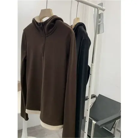 韩版双面德绒半拉链连帽卫衣女撞色拼接长袖T恤女百搭上衣打底衫商品大图