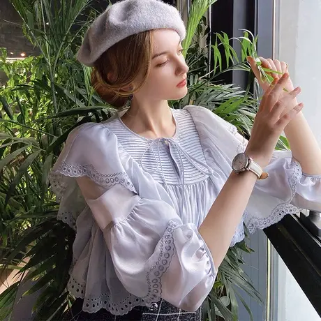 粉红大布娃娃时尚设计感上衣ins风小众荷叶边衬衫打底春季女2022商品大图