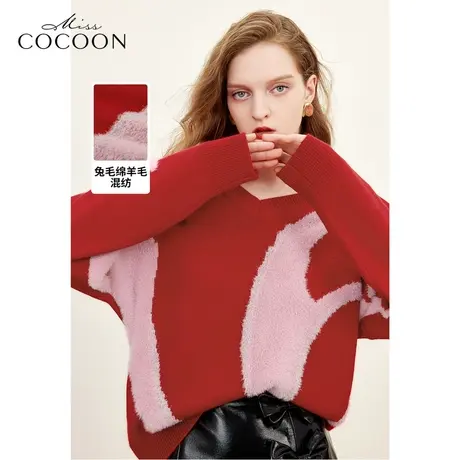 missCOCOON撞色V领上衣2023冬装新女多种动物毛混纺宽松毛针织衫图片