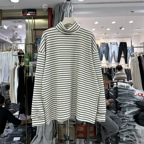 冬季新款韩版宽松显瘦百搭半高领中长款磨毛条纹长袖T恤打底衫女图片