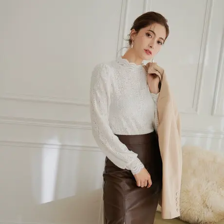 桔熊秋冬复古漂亮的蕾丝衫透肤花边半高领长袖上衣女大码AB19217商品大图