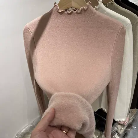 半高领木耳边加绒加厚针织衫女2023秋冬新款一体绒保暖打底衫毛衣商品大图
