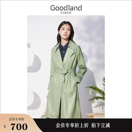 Goodland美地女装秋季系带中长款pu皮衣女质感绿色外套商品大图
